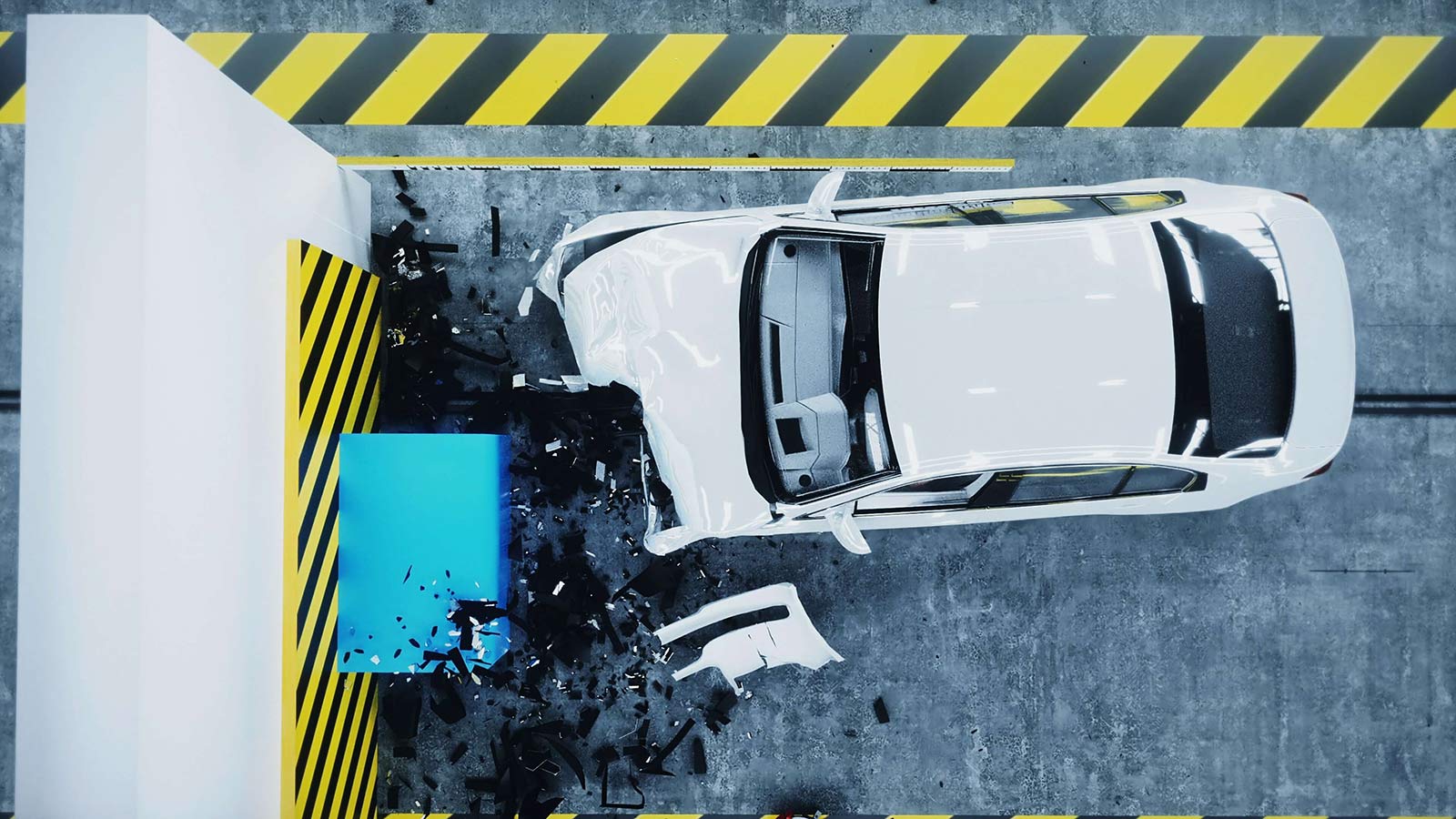 A crashed white car in a warehouse, with the front crumpled and surrounded by debris. The car is surrounded by yellow and black tape.