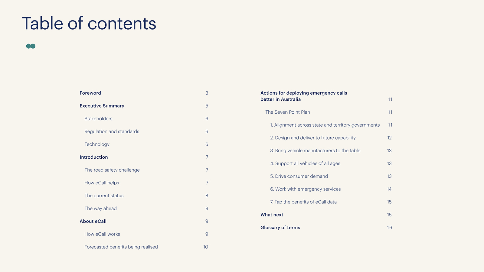 An excerpt from Intelematics' 'Reducing road accident emergency response times' whitepaper.  It shows the table of contents, with the following chapter titles: 'Foreword', 'Executive summary', 'Introduction', 'About eCall', 'Actions for deploying emergency calls better in Australia', 'What next' and 'Glossary of terms'.