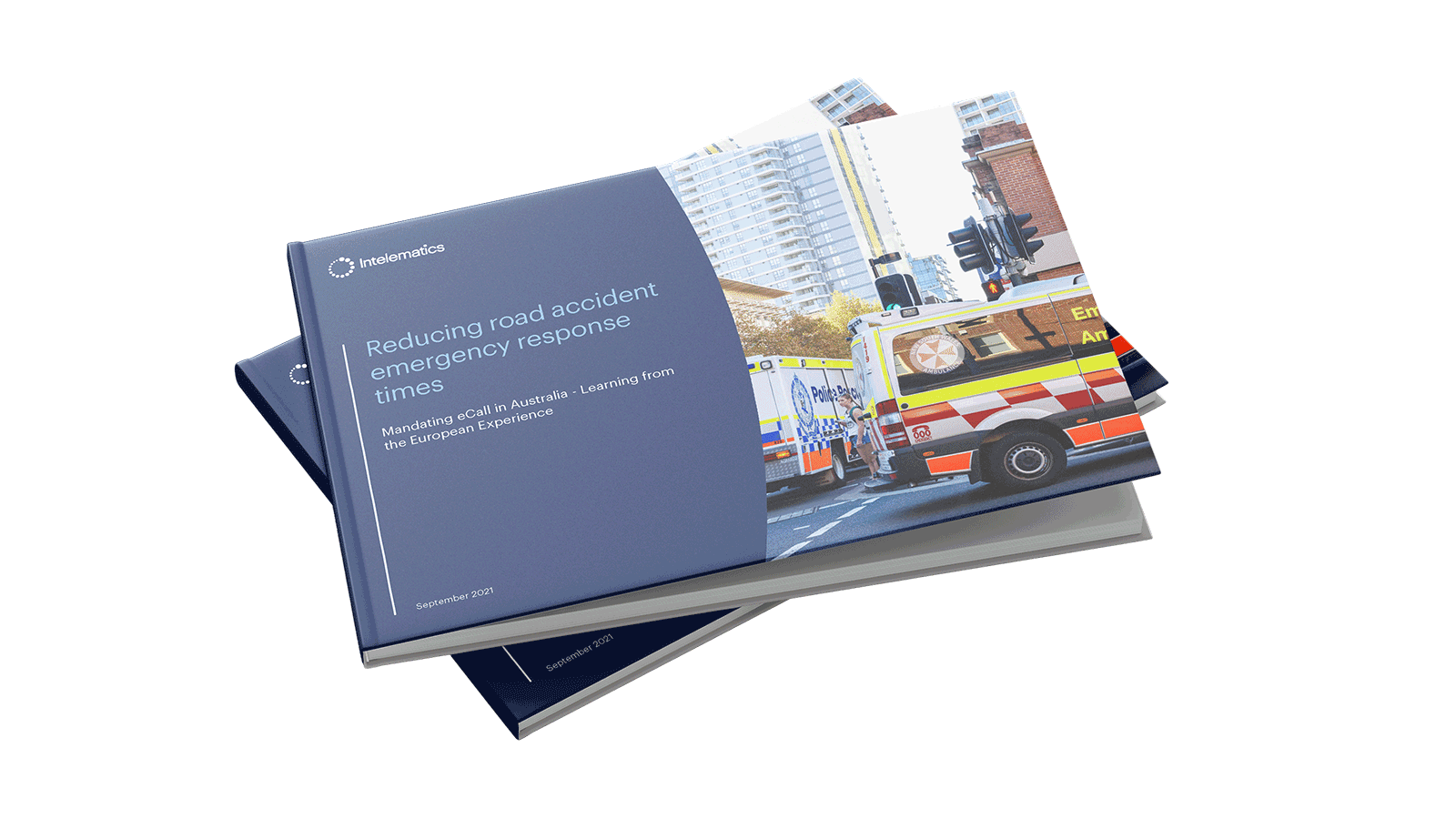 Two hardcover books stacked on top of each other. The top one reads 'Intelematics. Reducing road accident emergency response times. Mandating eCall in Australia - Learning from the European Experience' and is dated September 2021.