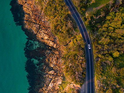 A silver car driving on a road near the ocean, with greenery and a rocky cliff on either side of the road.