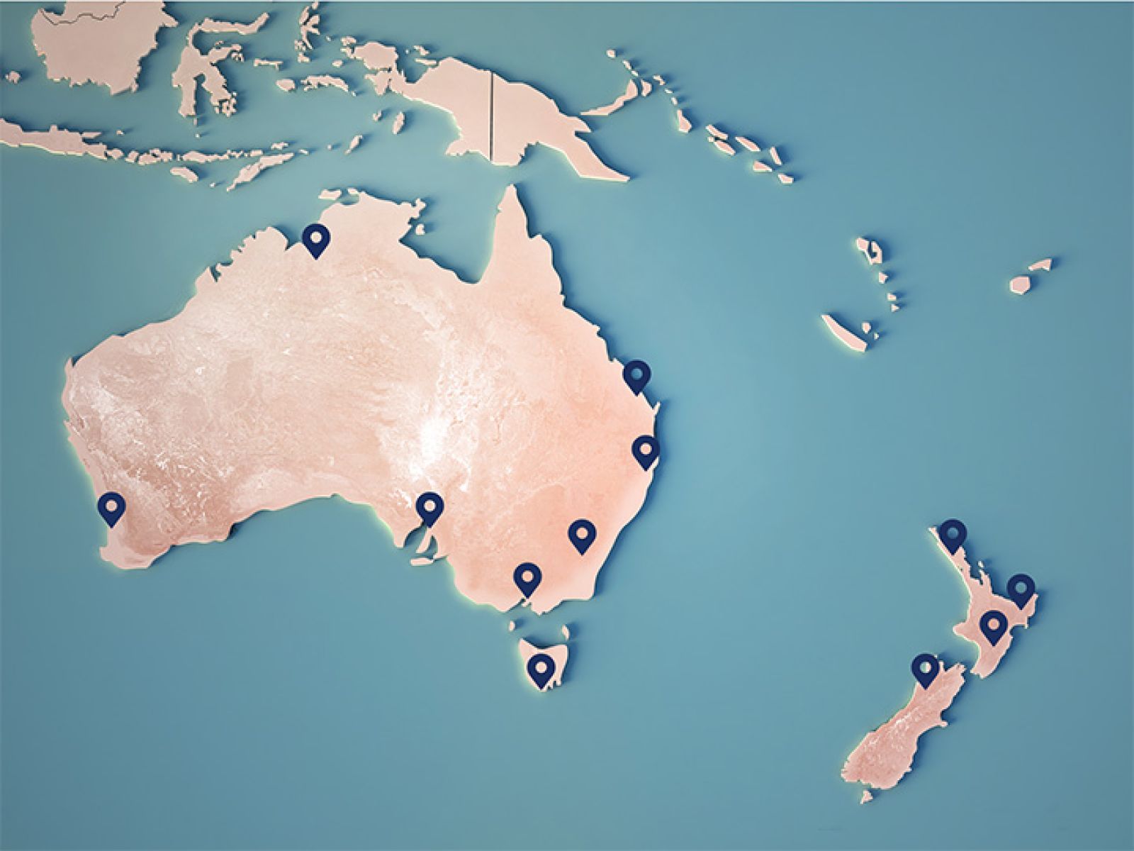 Map of Australia, New Zealand, Papua New Guinea and Indonesia. There are pin icons on parts of Australia and New Zealand.