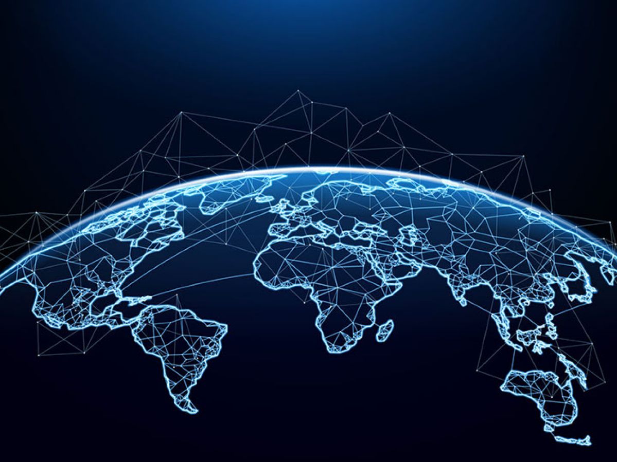 A navy illustration of Earth, with countries outlined in light blue. Lines and dots are used to connect different parts of the globe.