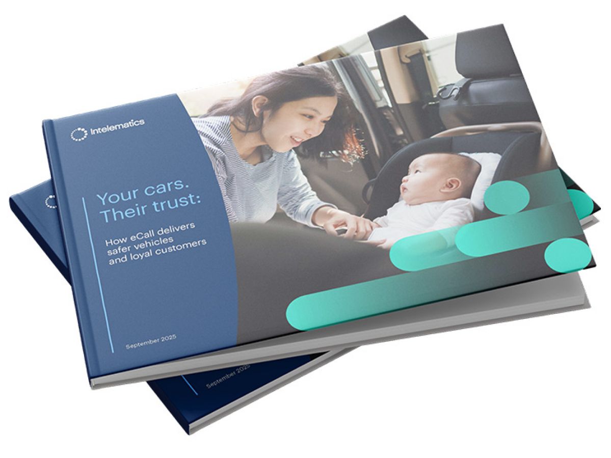 Two hardcover books stacked on top of each other. The top one reads 'Intelematics. Your cars. Their Trust: How eCall delivers safer vehicles and loyal customers' and is dated September 2025.