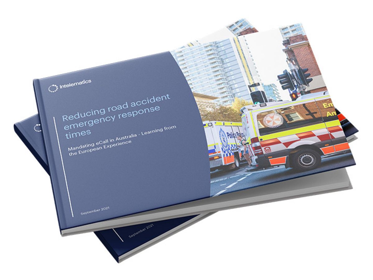 Two hardcover books stacked on top of each other. The top one reads 'Intelematics. Reducing road accident emergency response times. Mandating eCall in Australia - Learning from the European Experience' and is dated September 2021.