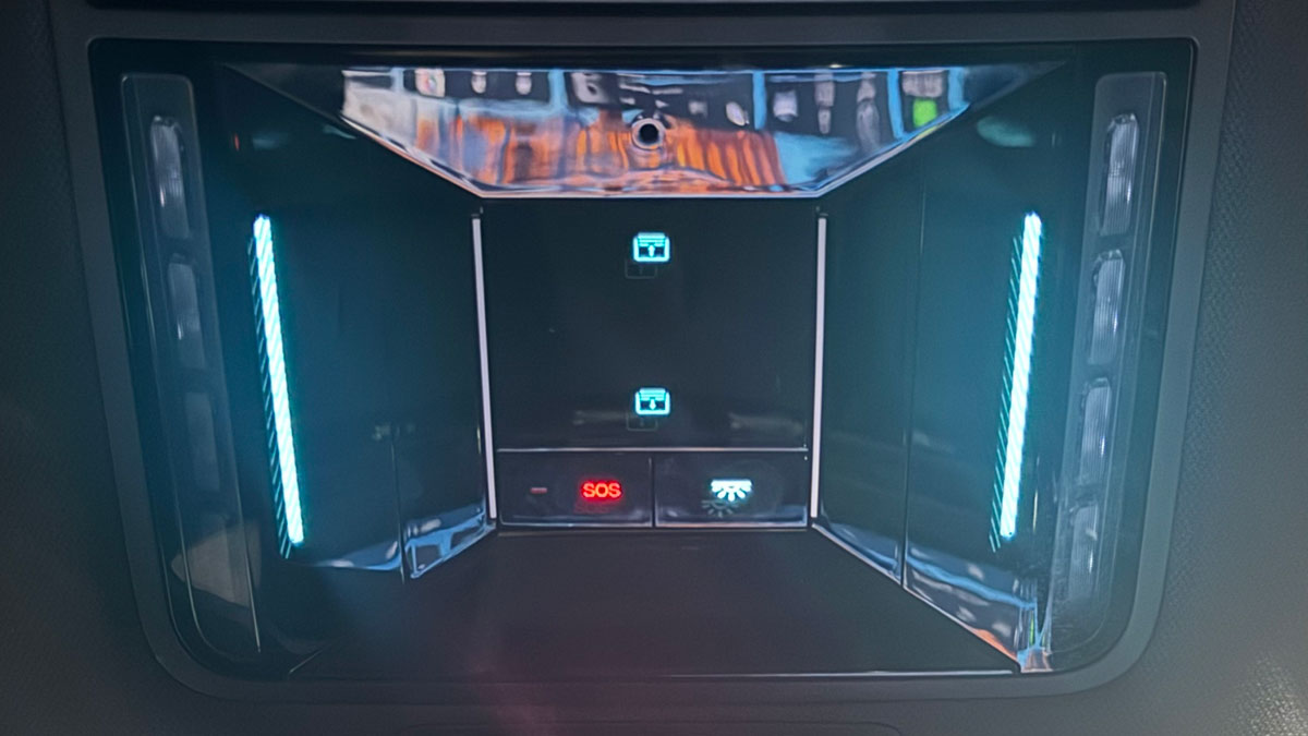 The BYD Sealion 8's overhead console, including a red-lit SOS button.