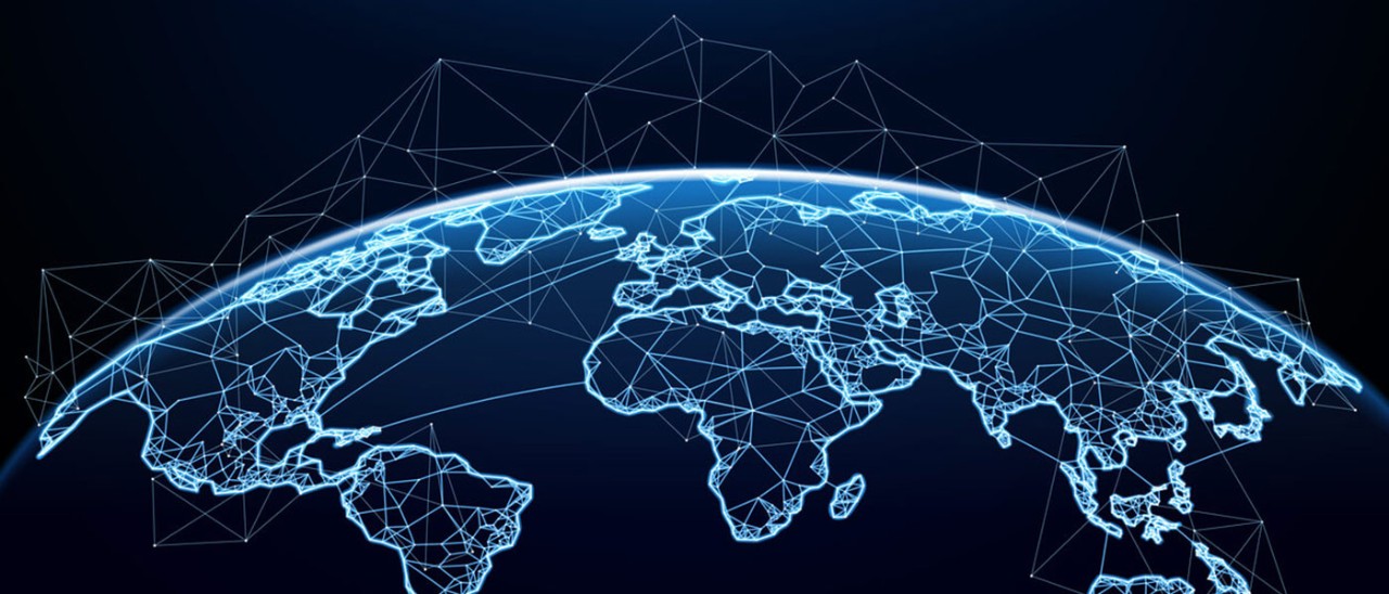 A navy illustration of Earth, with countries outlined in light blue. Lines and dots are used to connect different parts of the globe.